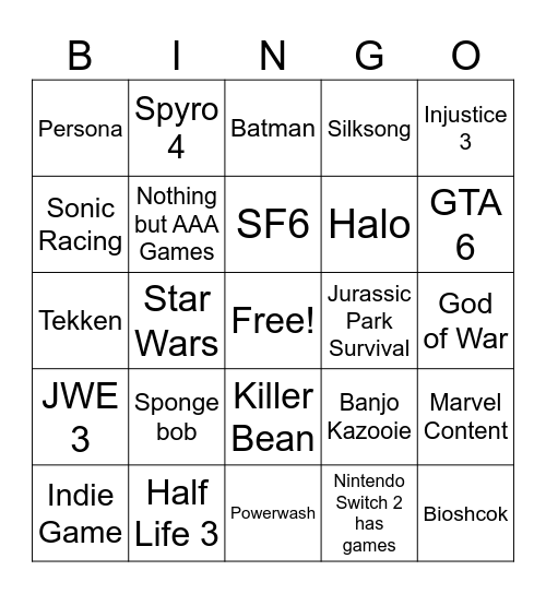 Summer Game Fest 2025 Bingo Card
