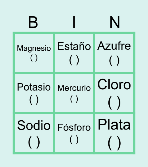 Bingo químico Bingo Card