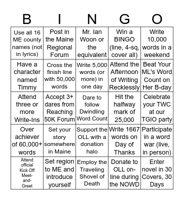 NaNoWriMo Bingo Card