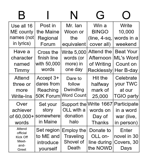 NaNoWriMo Bingo Card
