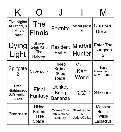 The Summer Game Fest Bingo Card