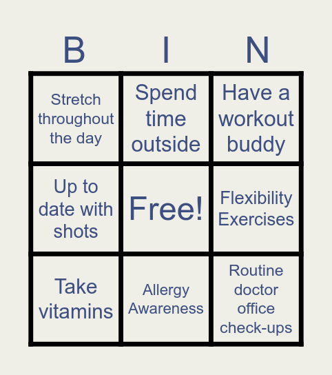 Healthy Habits Bingo Card