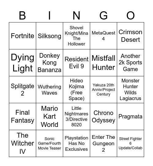 The Summer Game Fest Bingo Card