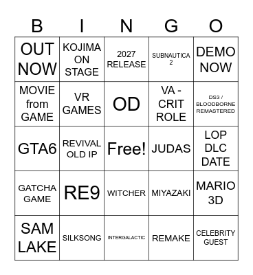 Summer Game Fest 2025 Bingo Card