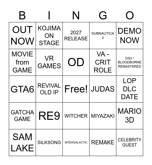 Summer Game Fest 2025 Bingo Card