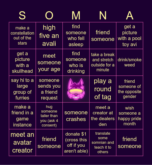 Furality Somna Bingo! Bingo Card