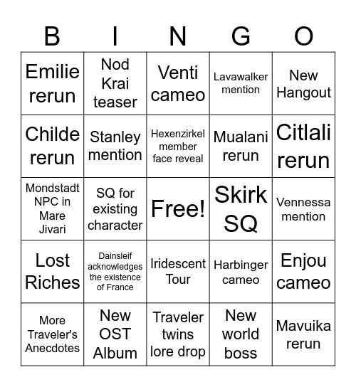 5.7 Genshin Livestream Bingo Card