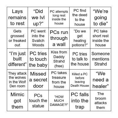 Death House Bingo Card