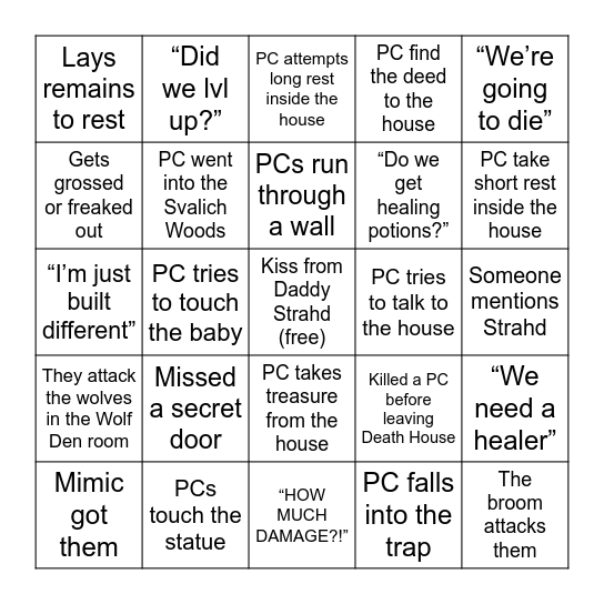 Death House Bingo Card