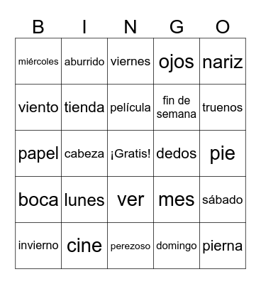 7th grade Spanish Final Vocab (Part 2) Bingo Card