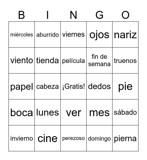 7th grade Spanish Final Vocab (Part 2) Bingo Card