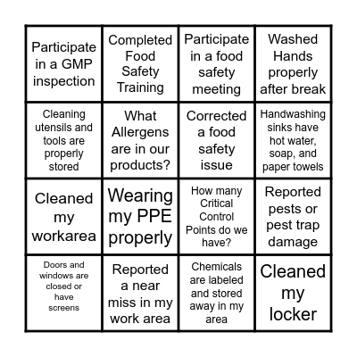Food Safety Bingo Card