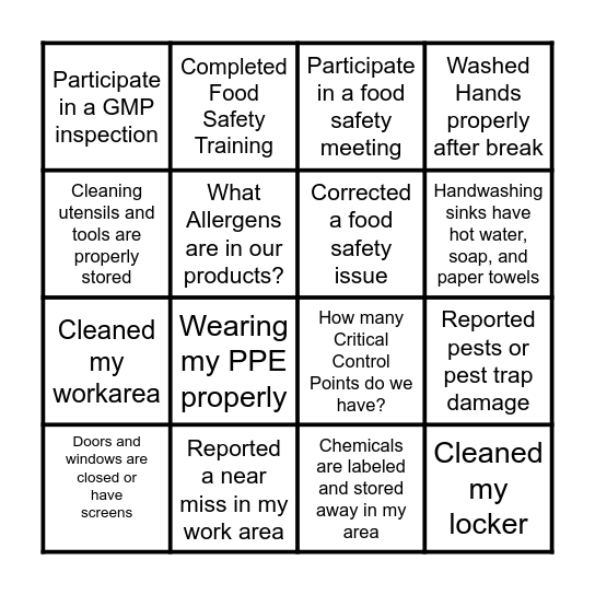 Food Safety Bingo Card