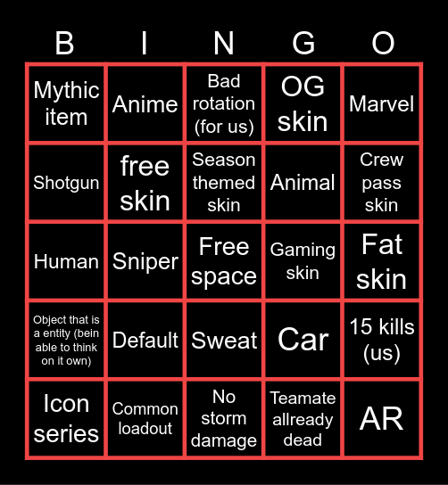 Fortnite Bingo Card