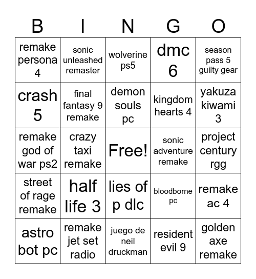 summer game fest Bingo Card