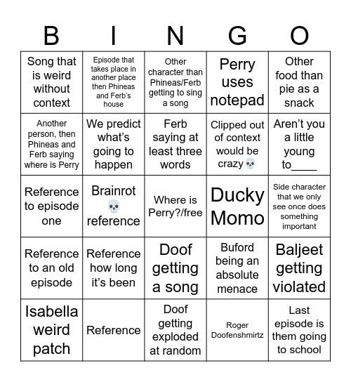 Phineas and Ferb bingo Card