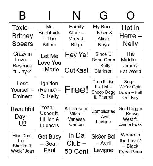2000s Hits ! Bingo Card