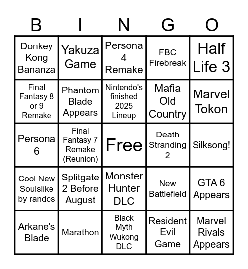 Summer Gamefest 2025 Bingo Card