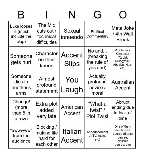 Shoot From The Hip Full Show BINGO 5 x 5 Bingo Card