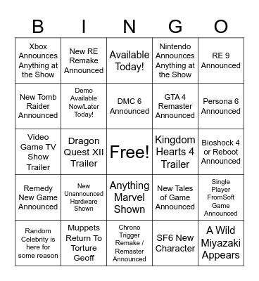 Summer Games Fest 2025 Bingo Card