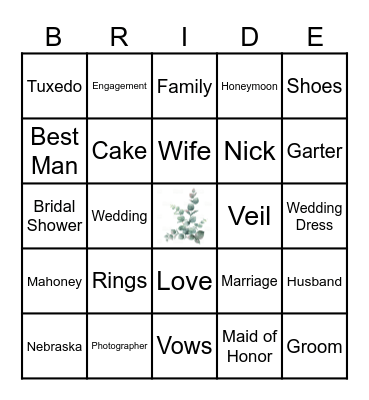 Bride Bingo Card