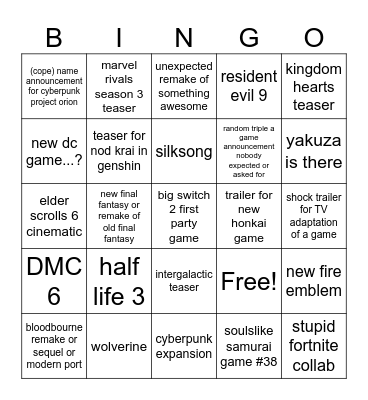 summer games fest Bingo Card