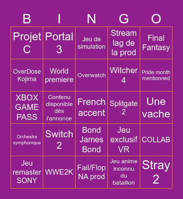 Summer Game Fest 2025 Bingo Card