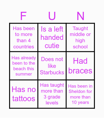 Summer School Bingo Card