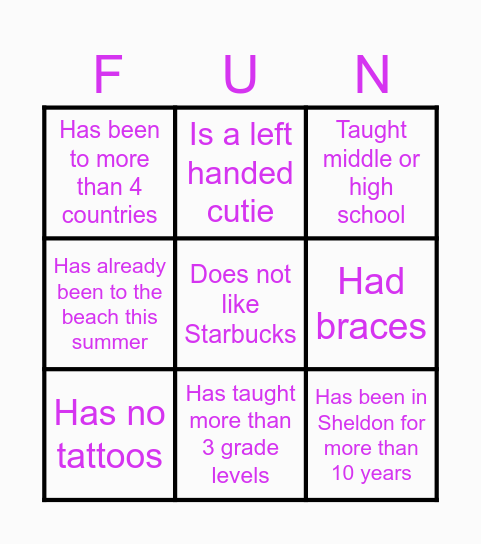 Summer School Bingo Card