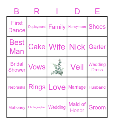 Bride Bingo Card