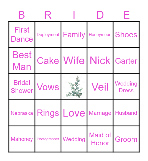 Bride Bingo Card