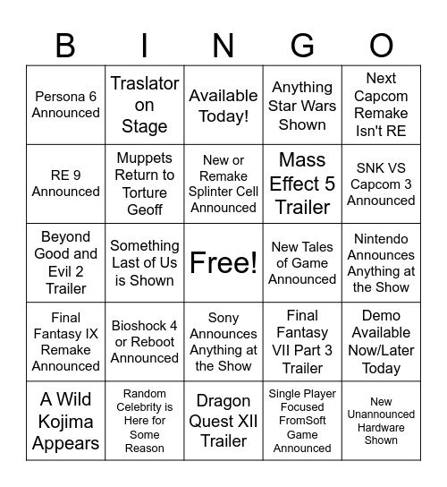 Summer Games Fest 2025 Bingo Card