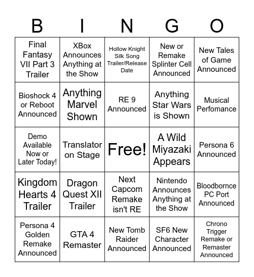Summer Games Fest 2025 Bingo Card