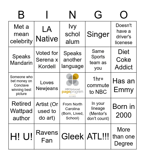 Page to Page Bingo Card