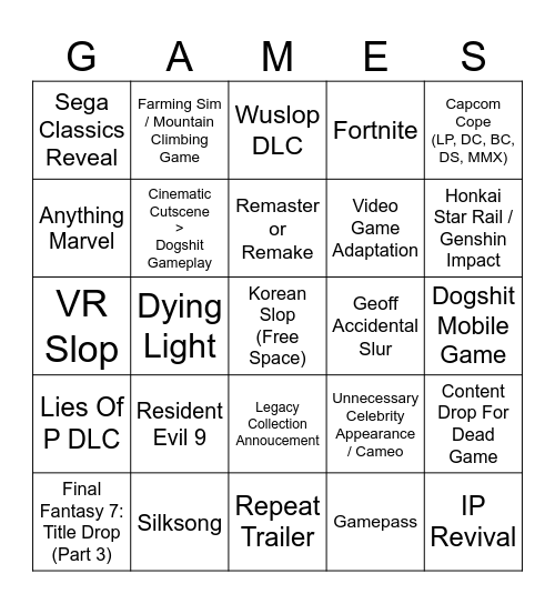 Summer Game Fest Bingo Card