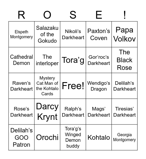 Rose’s Mental Prison Bingo Card