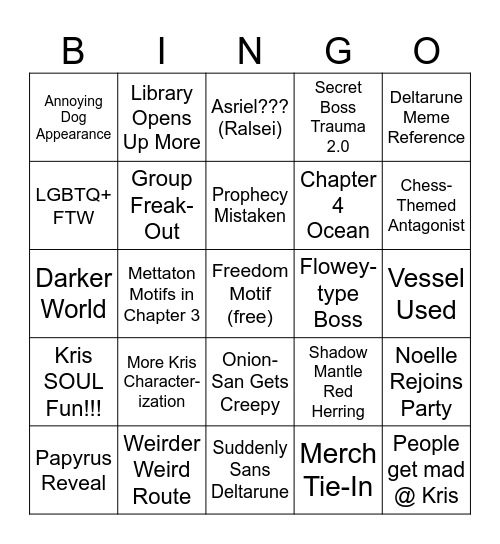 Deltarune Chapter 3 + 4 Bingo Card