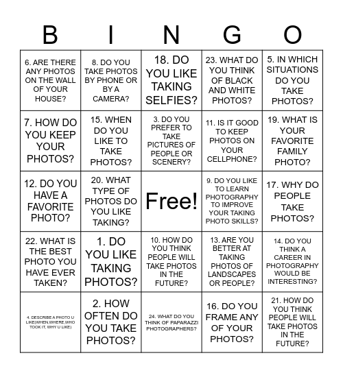 PHOTOGRAPHY IELTS Bingo Card