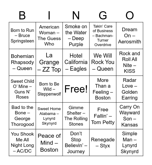Classic Rock Hits ! Bingo Card