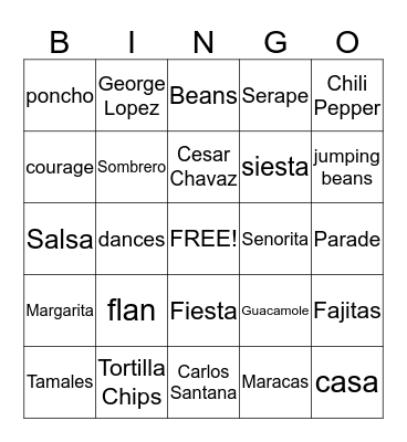 Cinco de Mayo Bingo Card