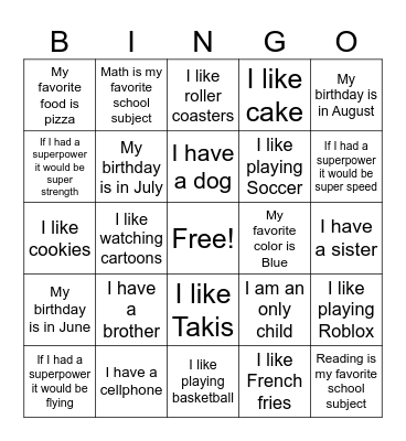 "Ask a friend" Bingo Card