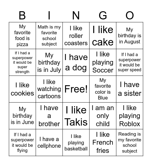 "Ask a friend" Bingo Card