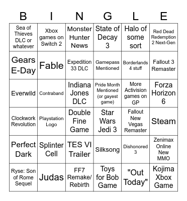 Xbox Games Showcase 2025 Bingo Card