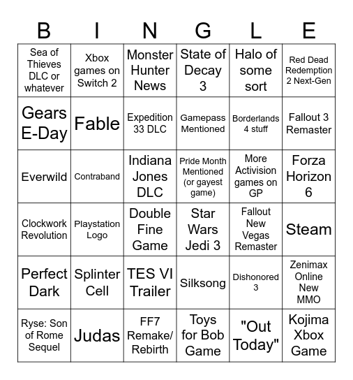 Xbox Games Showcase 2025 Bingo Card
