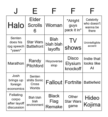 The Jeff Awards Bingo Card