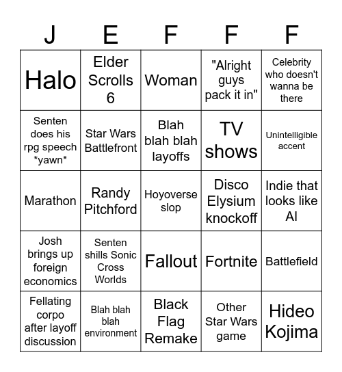 The Jeff Awards Bingo Card