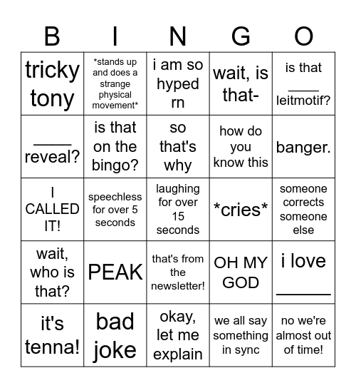 our reactions Bingo Card