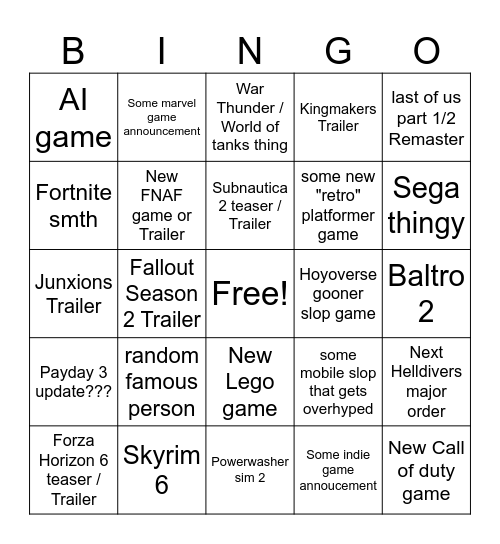 Summer Gamefest Bingo Card