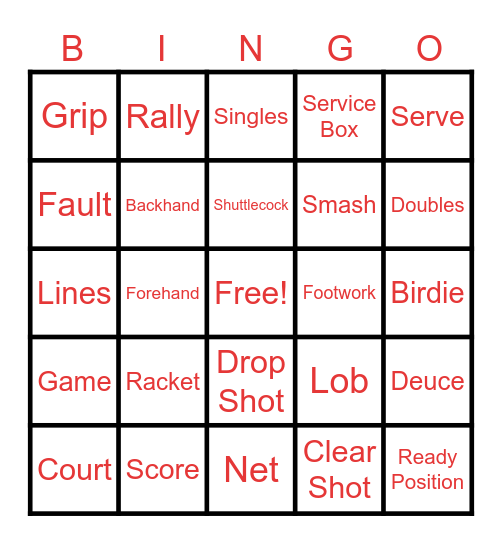 BADMINTON Bingo Card