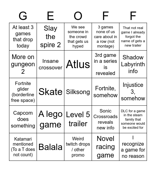 Summer Games Fest '25 Bingo Card